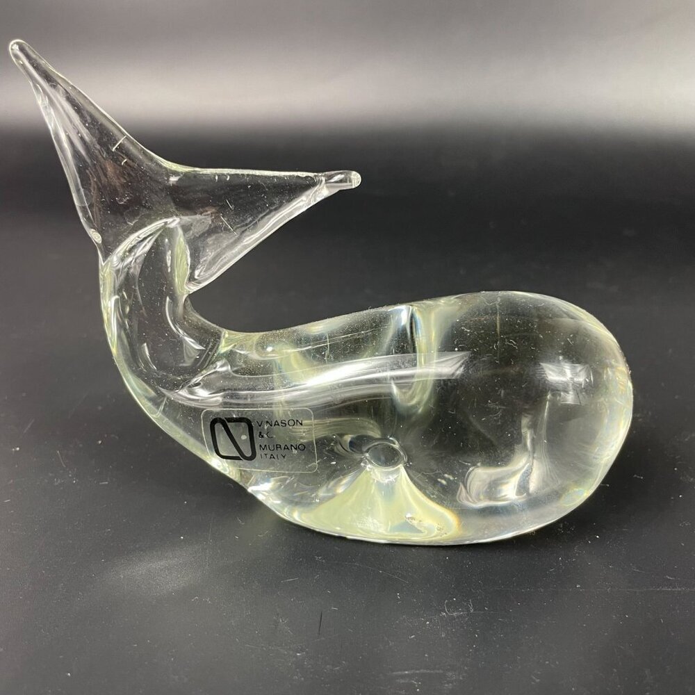 Murano Glass Whale Figurine V. Nason & C. Italy Handcrafted Clear Crystal Art